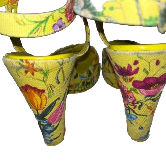 GUCCI Flora Sandals Yellow Floral Canvas EU 38.5 Platform Multicolor Heels Box - Picture 8 of 15